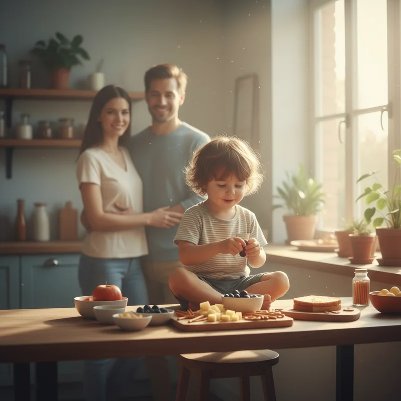 A young child sitting at a kitchen counter with various snacks spread out, parents in the background looking understanding rather than frustrated, warm kitchen lighting creating a supportive family atmosphere.