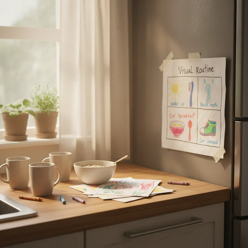 A warm, slightly cluttered family kitchen counter with a hand-drawn visual checklist taped to the wall beside the refrigerator, colorful and kid-made, showing morning routine steps with simple drawings. Soft morning light. No people, no products, no text visible beyond the chart itself.
