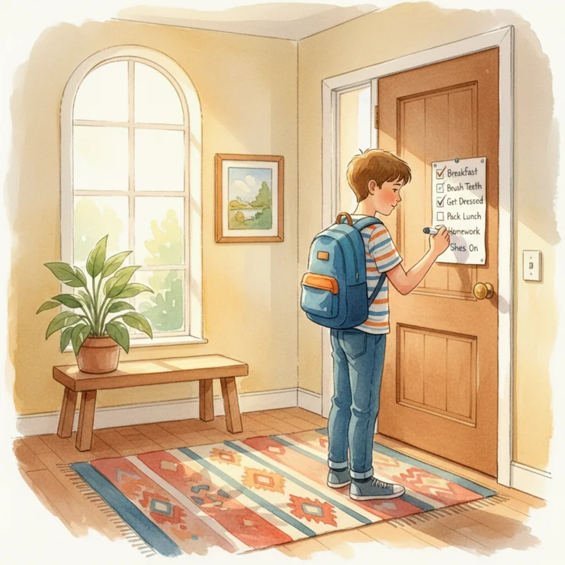 A young boy, around 8-9 years old, standing in a home entryway checking off items on a laminated checklist mounted on the wall near the front door. He looks focused and calm, backpack on, morning light coming through a window. Warm, cozy home atmosphere.