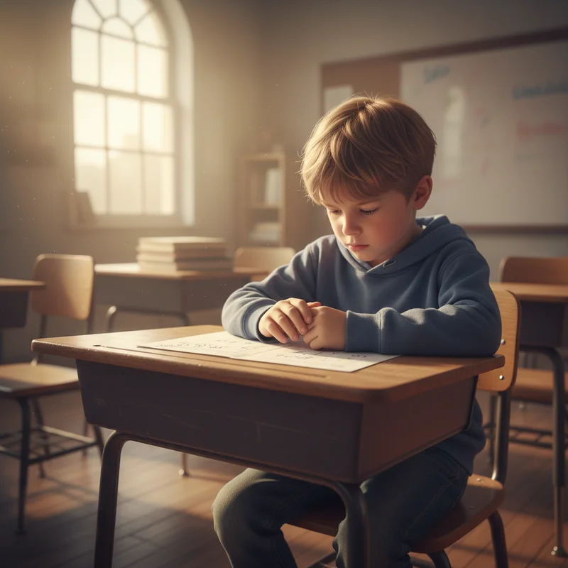 A young boy, around age 8, sitting alone at a school desk looking down at an unfinished worksheet, afternoon light coming through a classroom window — conveying quiet frustration rather than defiance.