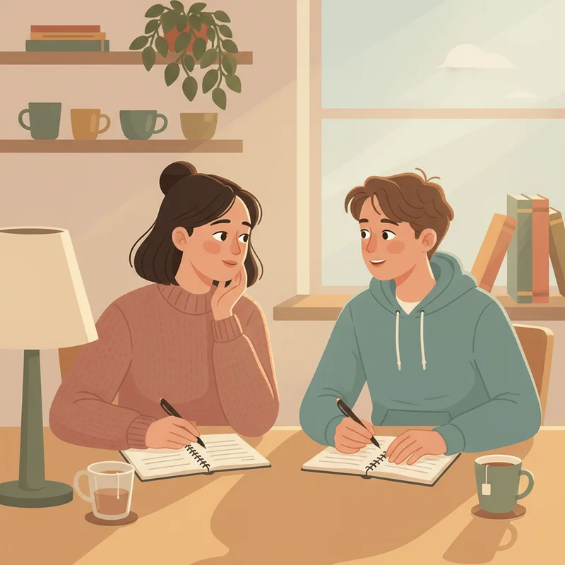 A tired but caring mom sitting across from her teenage son at a kitchen table, both with notebooks open, warm lamplight, late afternoon — the scene feels like a real conversation, not a homework battle.