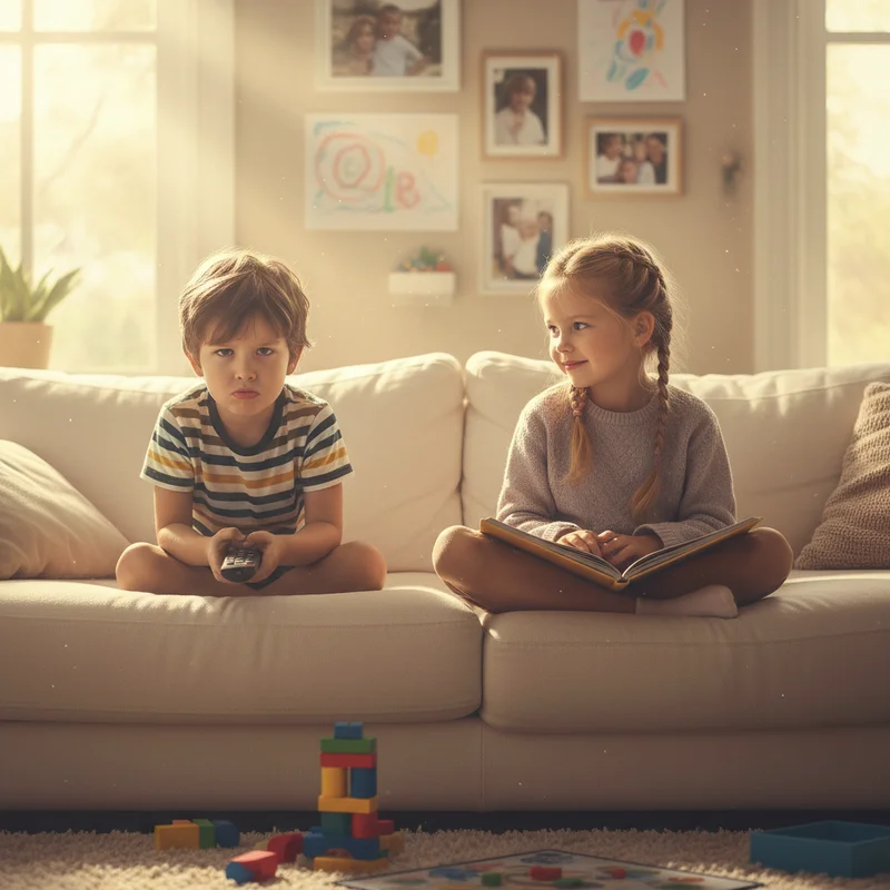 Two young children sitting together on a couch, one looking frustrated while the other appears calm, showing the tension that can exist between ADHD siblings in a warm home setting.