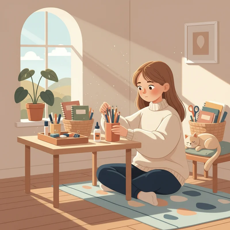 A young girl sitting at her bedroom desk organizing colorful school supplies into neat containers, with a calm, focused expression as sunlight streams through the window.