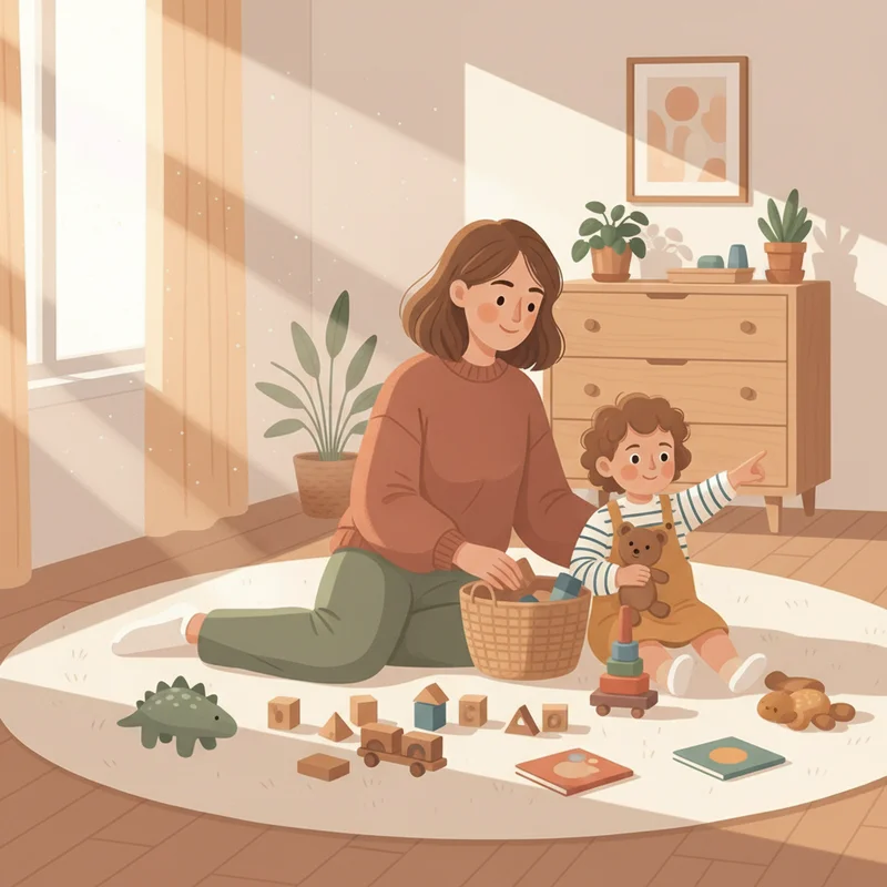A mother and young child sitting together on a bedroom floor, organizing toys with a calm, understanding expression, warm natural lighting