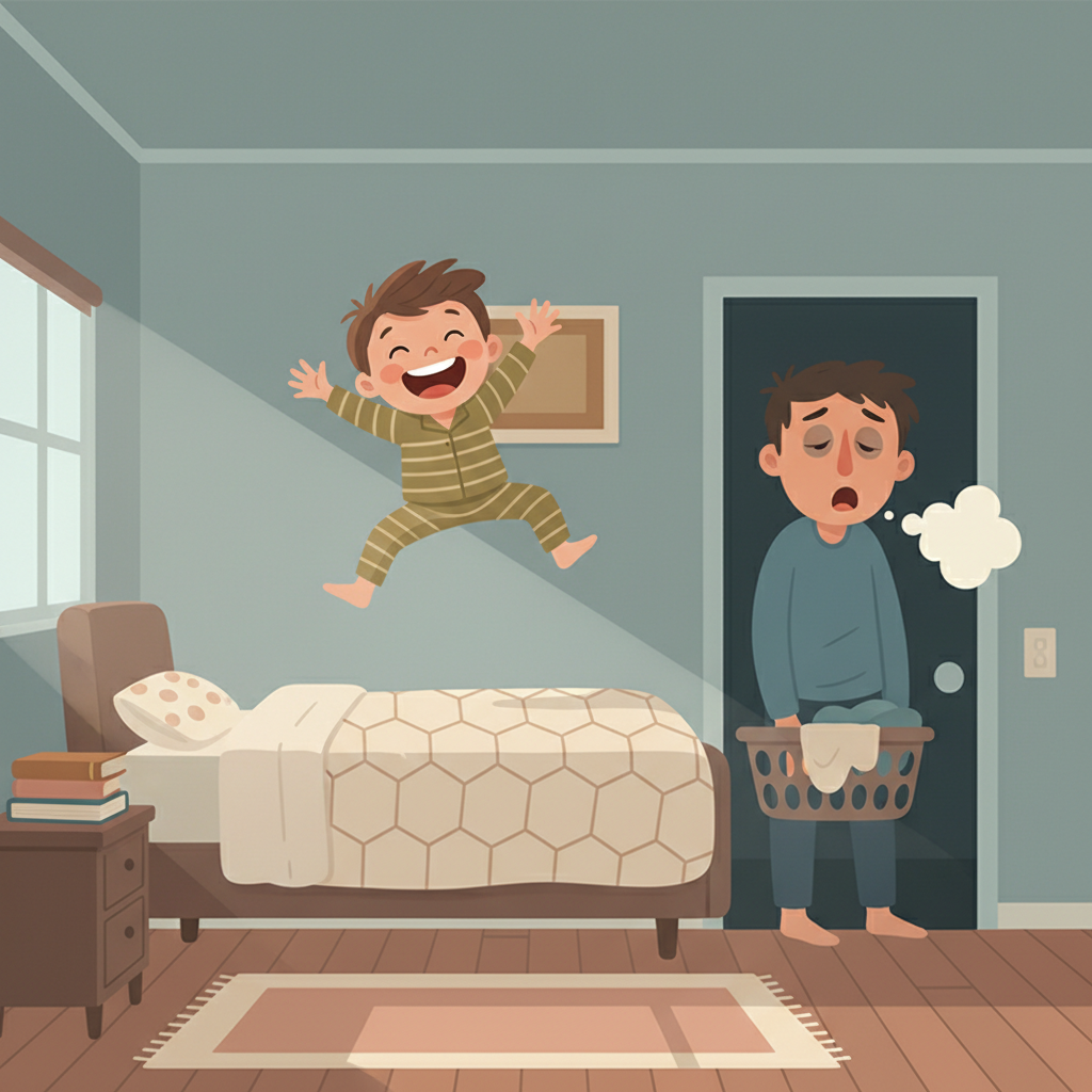 Child jumping on bed while parent looks exhausted in doorway, capturing the energy mismatch between hyperactive child and tired parent during evening routine.
