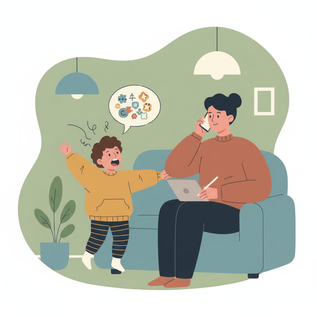 A child excitedly trying to tell something to their parent who is on the phone, showing the urgency and impulse control challenge rather than deliberate rudeness.