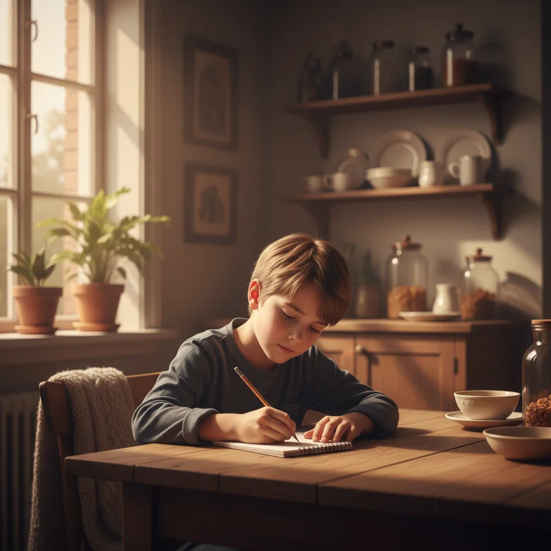 A young boy around age 8 sitting at a kitchen table writing on a small notepad, looking focused and calm. Warm afternoon light, cozy home setting. No products, no text in frame.