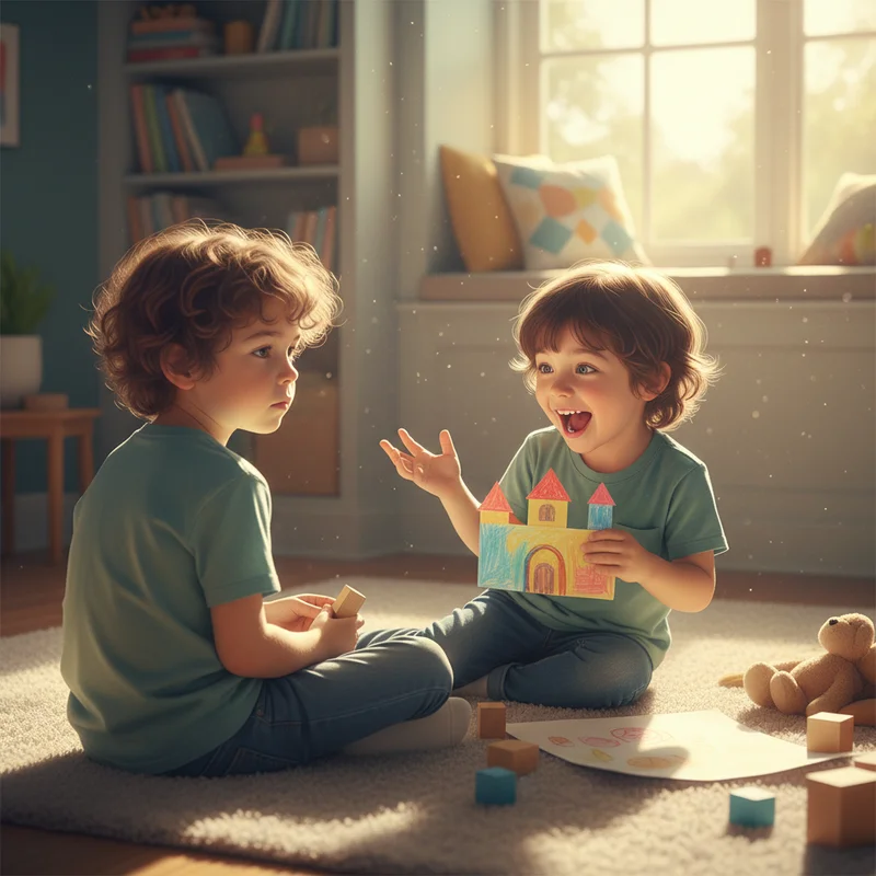Two children sitting on a bedroom floor mid-play, one child looking away with a slightly flat expression while the other child leans in animatedly, trying to keep the game going. Warm afternoon light, cozy home setting. No text or products.