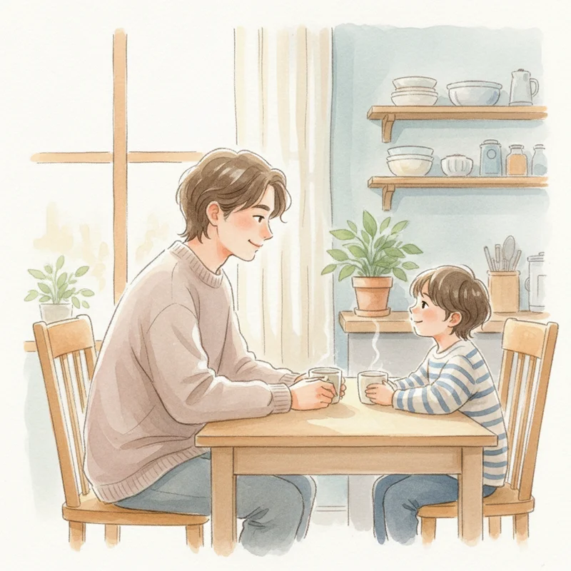 A warm family scene showing a parent and child sitting together at a kitchen table, having a calm conversation with understanding expressions, natural lighting creating a safe atmosphere.
