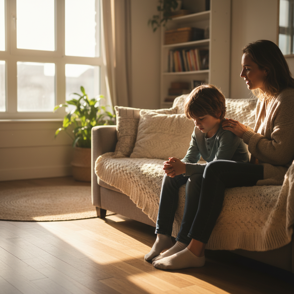 Parent sitting with child having a serious but calm conversation about truth and trust