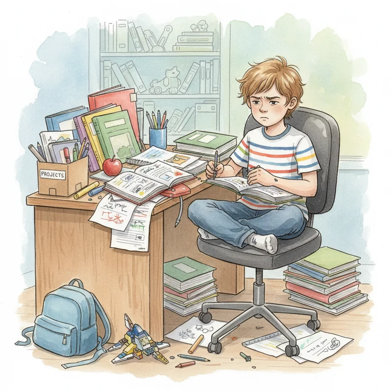 Elementary school child sitting at a cluttered desk, looking frustrated while surrounded by loose papers, folders, and school supplies scattered everywhere. The child appears overwhelmed but not upset, showing the reality of ADHD organization challenges.