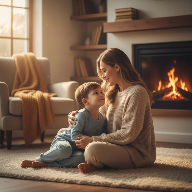 A mother sitting on the floor beside her young son, both looking calm and connected, having a quiet conversation in a softly lit living room. The mood is warm and reassuring, not tense.