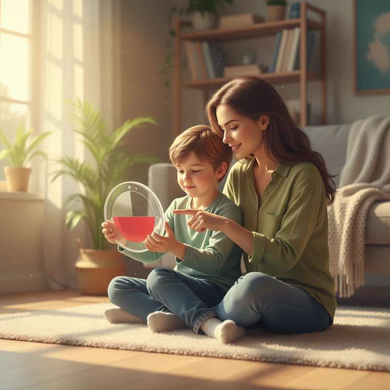 A mother and young boy sitting together on a living room floor, the boy looking at a visual timer with a red shrinking disk, both calm and engaged — warm natural light, home setting, no products or logos visible.