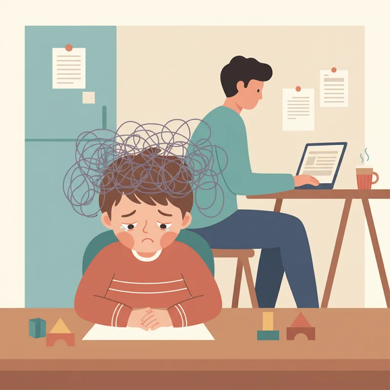 Child sitting quietly at kitchen table looking overwhelmed while parent works nearby, showing the disconnect between external calm and internal struggle.