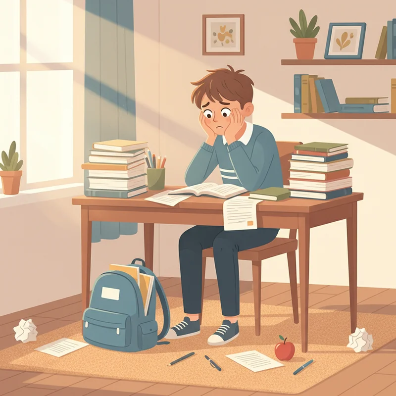 A middle school aged boy sitting at a cluttered desk looking overwhelmed, papers spread everywhere, backpack half-open on the floor beside him — warm afternoon light, realistic home setting, no text or logos.