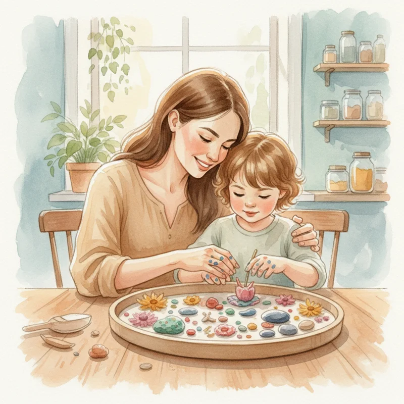 A calm mother and child sitting together at a kitchen table, the child's hands visible as they work on a craft project or sensory activity, showing a peaceful moment of connection and support.