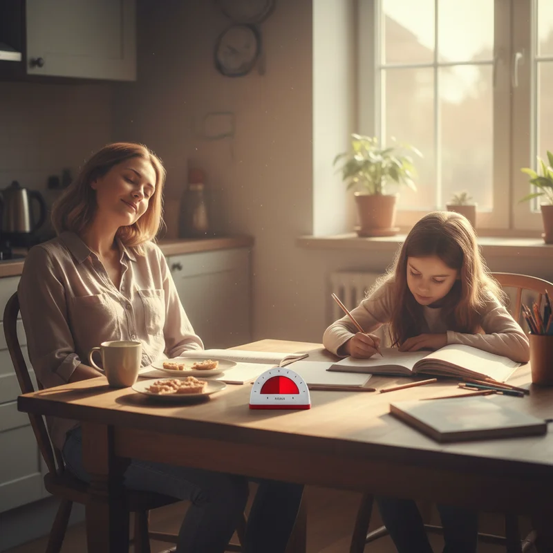 A tired but calm mother sitting a few feet away from her daughter at a kitchen table, the daughter working independently on homework with a visual timer visible on the table, warm late-afternoon indoor light, cozy and real-feeling — not staged.