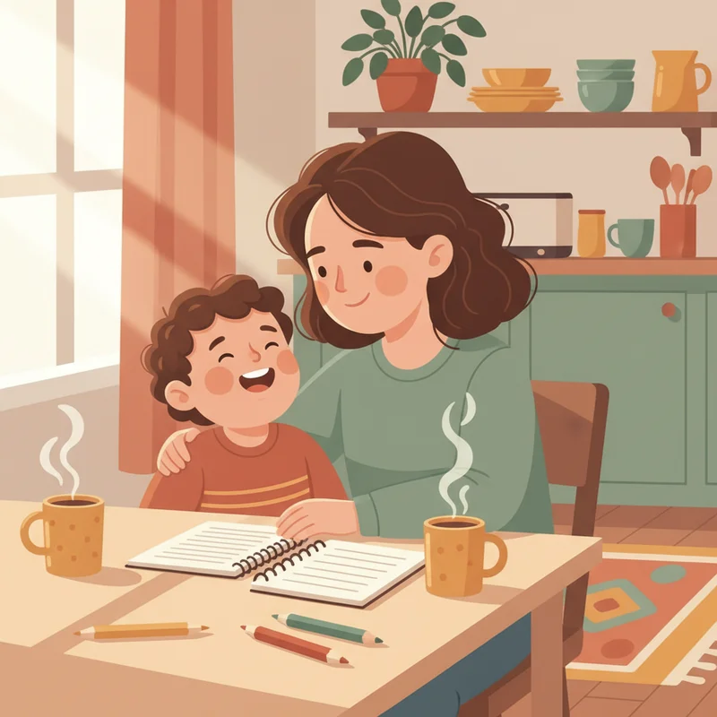 A mom and her young son sitting at a kitchen table together, practicing conversation with warm, natural light — the child is laughing, the mom is leaning in close, notebooks nearby but relaxed, cozy home setting.