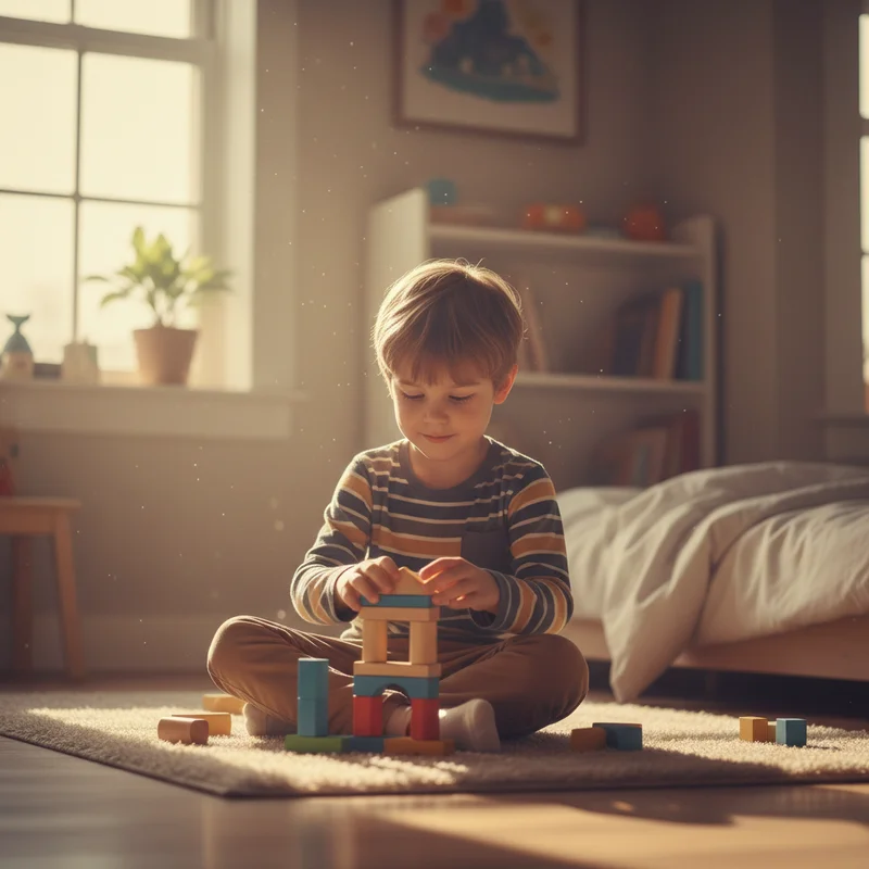 A young boy sitting cross-legged on his bedroom floor playing alone with building blocks, looking calm and self-contained, warm afternoon light through a window — a quiet moment of solitary play that feels peaceful but also slightly isolated.