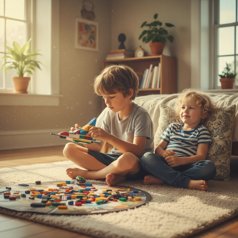 Two young boys sitting on a bedroom floor playing with LEGO, one looking engaged and calm, the other watching with a relaxed smile — warm afternoon light, comfortable home setting, no text or logos.