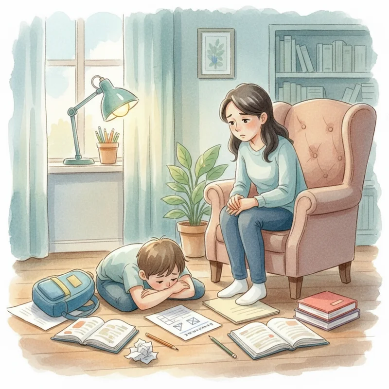 Child lying on floor next to scattered homework papers, looking genuinely exhausted rather than defiant, with parent sitting nearby looking concerned but understanding.