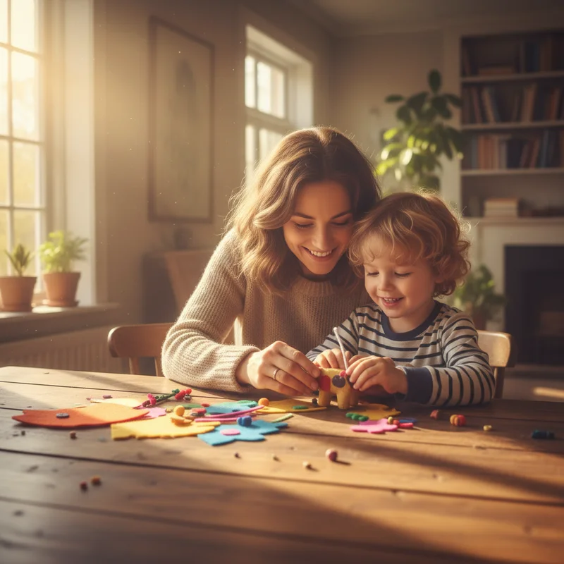 Parent and child sitting together at a table working on a puzzle or craft project, both looking engaged and happy, warm natural lighting coming through window