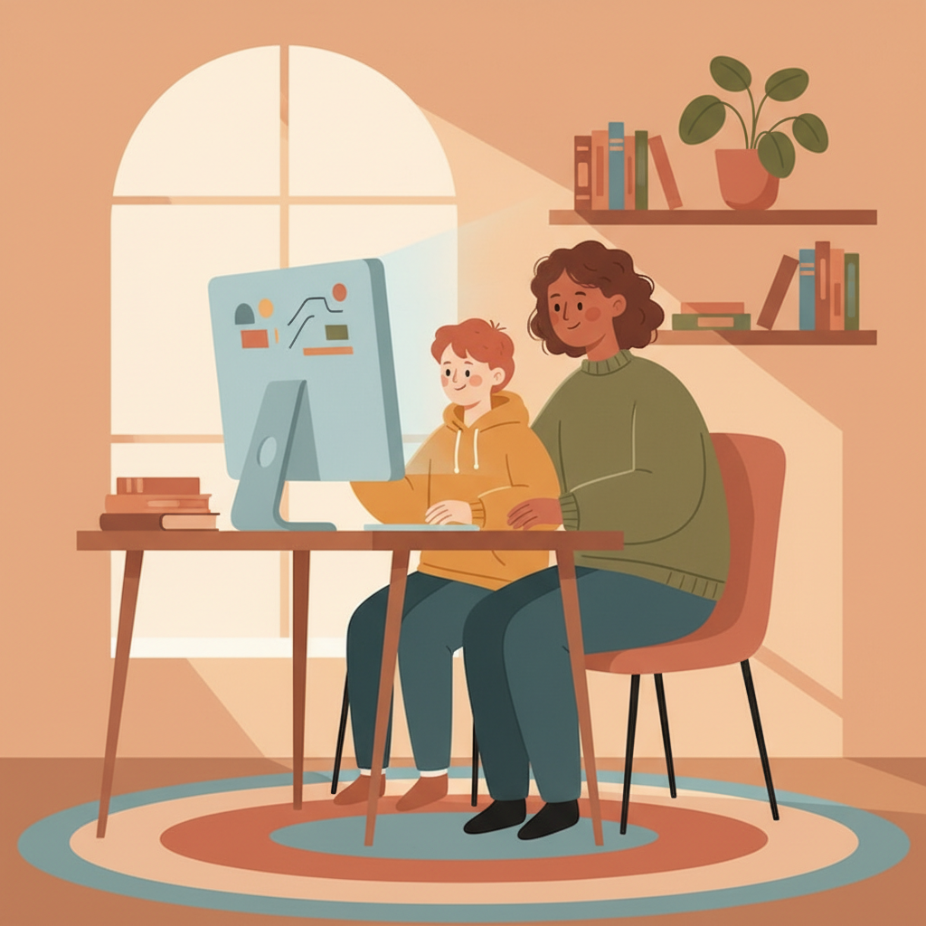 Parent sitting beside child at computer desk, both looking at screen together in a collaborative, supportive way rather than confrontational, warm lighting from window in background.
