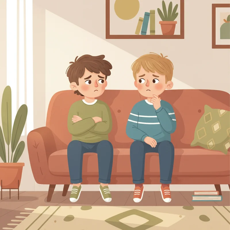 Two young boys sitting side by side on a couch, one looking away with a hurt expression and one looking uncertain — a quiet moment of friction between friends, warm indoor light, no text or products.