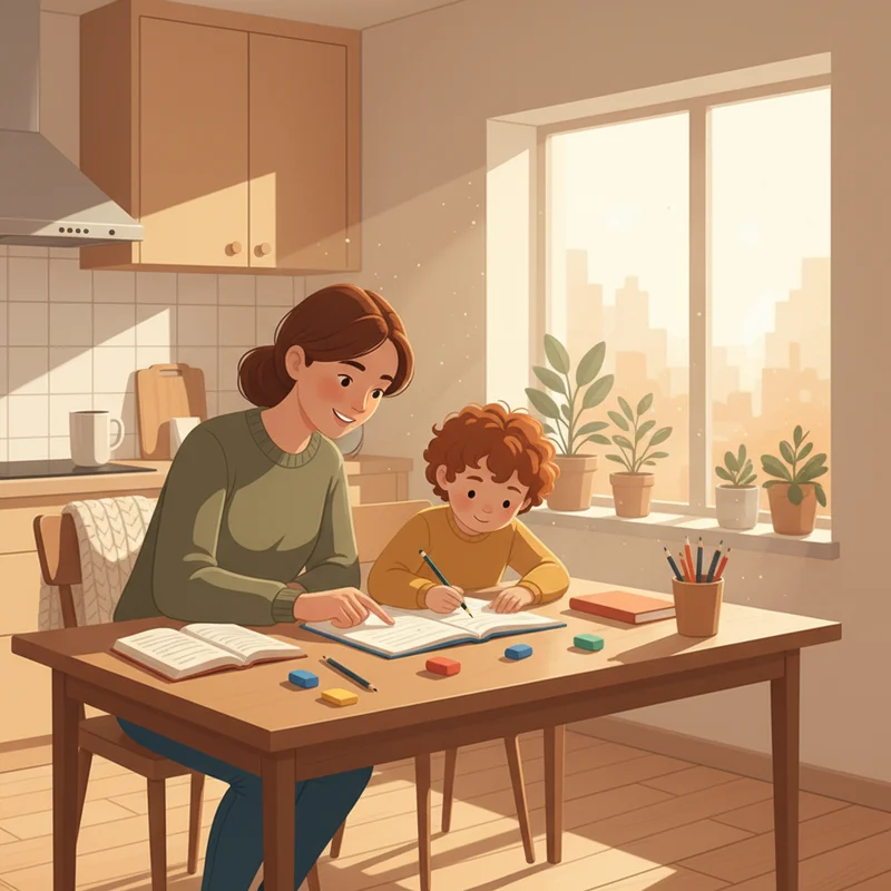 A parent and child at a kitchen table doing homework together, the parent leaning in with a supportive expression while the child writes in a workbook, warm afternoon lighting coming through a nearby window.