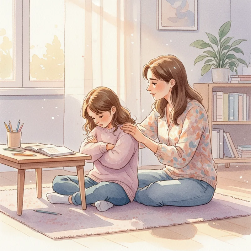A mother sitting on the floor beside her young daughter who has her arms crossed and head down, looking deflated after a frustrated moment at a homework table. Warm afternoon light. No products or text visible. The mood is tender and concerned, not angry.