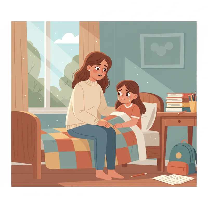 Mother sitting on child's bed having a calm conversation with her elementary-age daughter who looks worried, morning light coming through window, homework visible on desk in background.