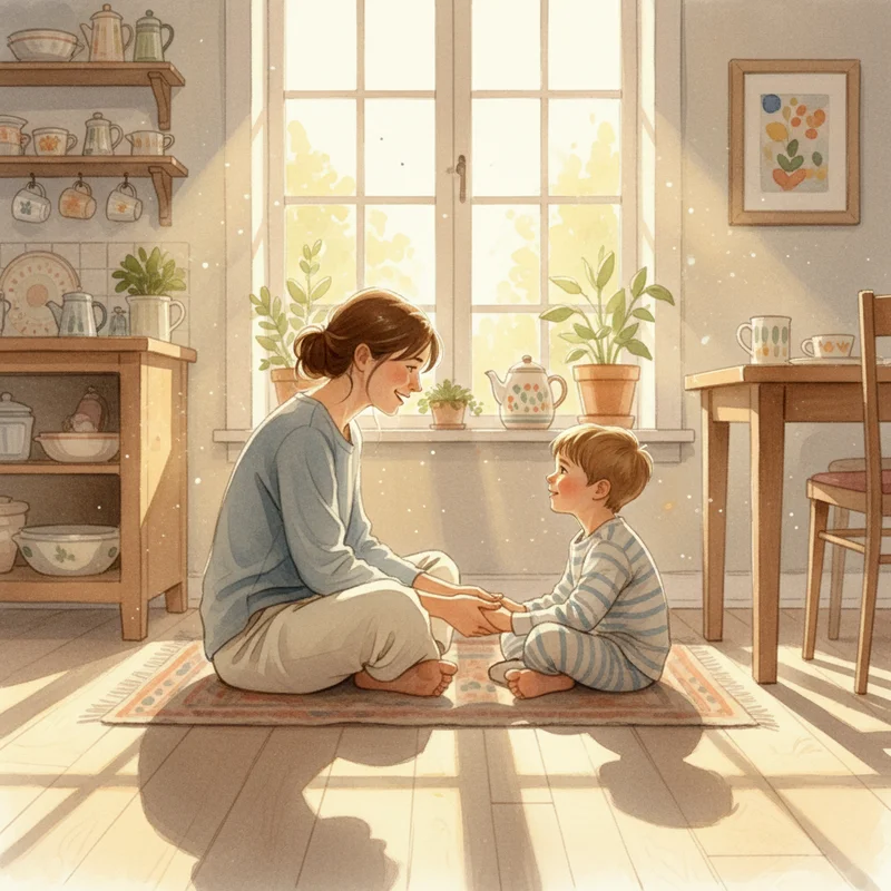 A mother sitting cross-legged on the kitchen floor at eye level with her young son, both of them calm and talking, morning light coming through a window behind them. Warm, intimate, no products or text visible.