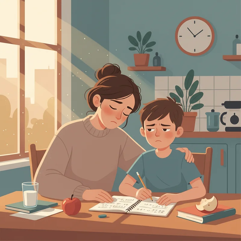 A tired mom sitting at a kitchen table in late afternoon light, gently resting her hand on her young son's shoulder as he stares at his homework with a tense, distracted expression. Warm and real, no text or products visible.