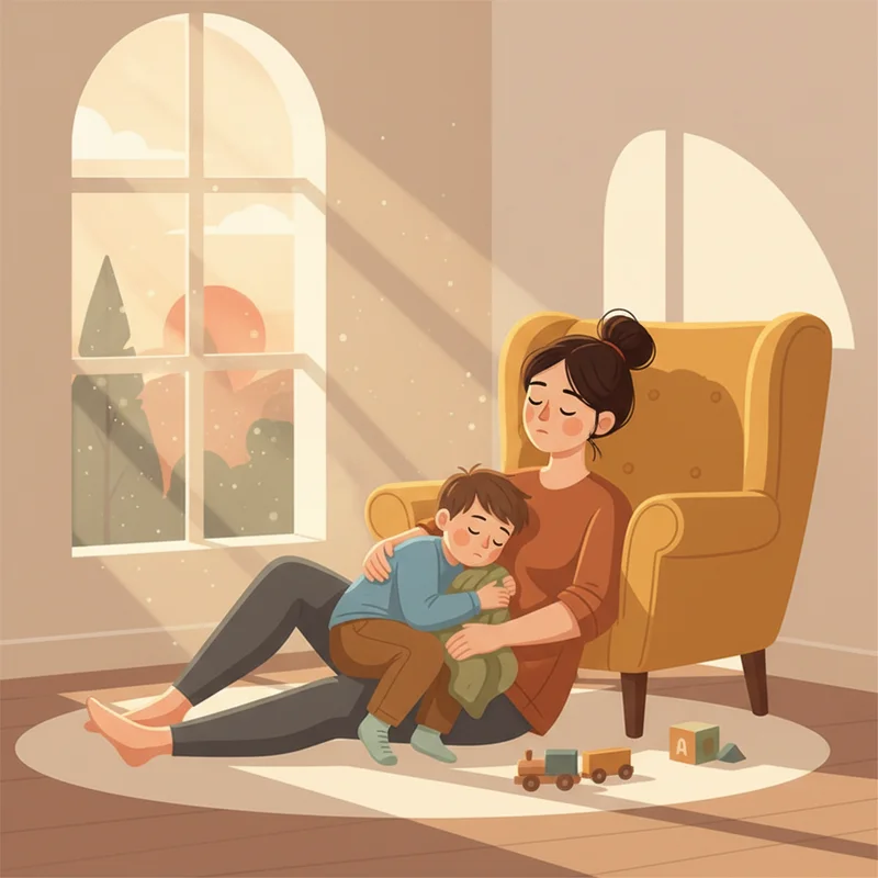 A tired mother sitting on the floor next to her young son, both looking calm after a difficult moment, warm afternoon light through a window, no text or products visible.