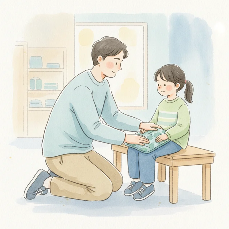 A parent kneeling down to gently place a small weighted lap pad on their child while sitting together on a store bench, both looking calm and connected.