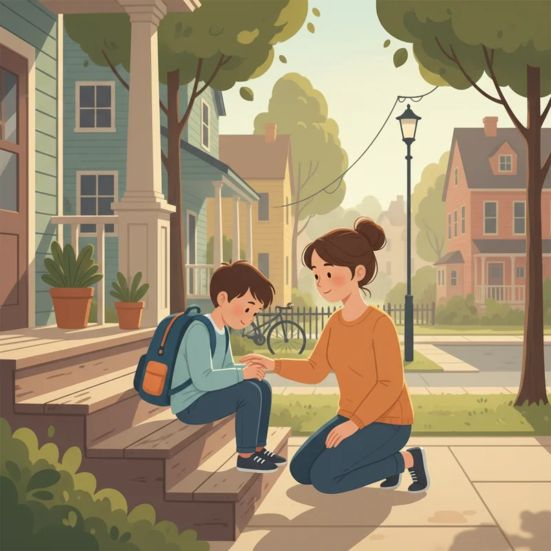 A young boy sitting on the front steps of a house, backpack on, head down, while his mother kneels beside him at eye level with a calm, patient expression — warm morning light, quiet residential neighborhood, no text or logos.