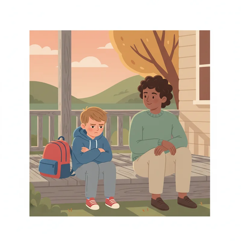 A young boy sitting on a front porch step with his backpack beside him, arms crossed, looking down at the ground with a tense expression. A parent sits beside him with a calm, patient posture. Warm afternoon light. No logos or text.