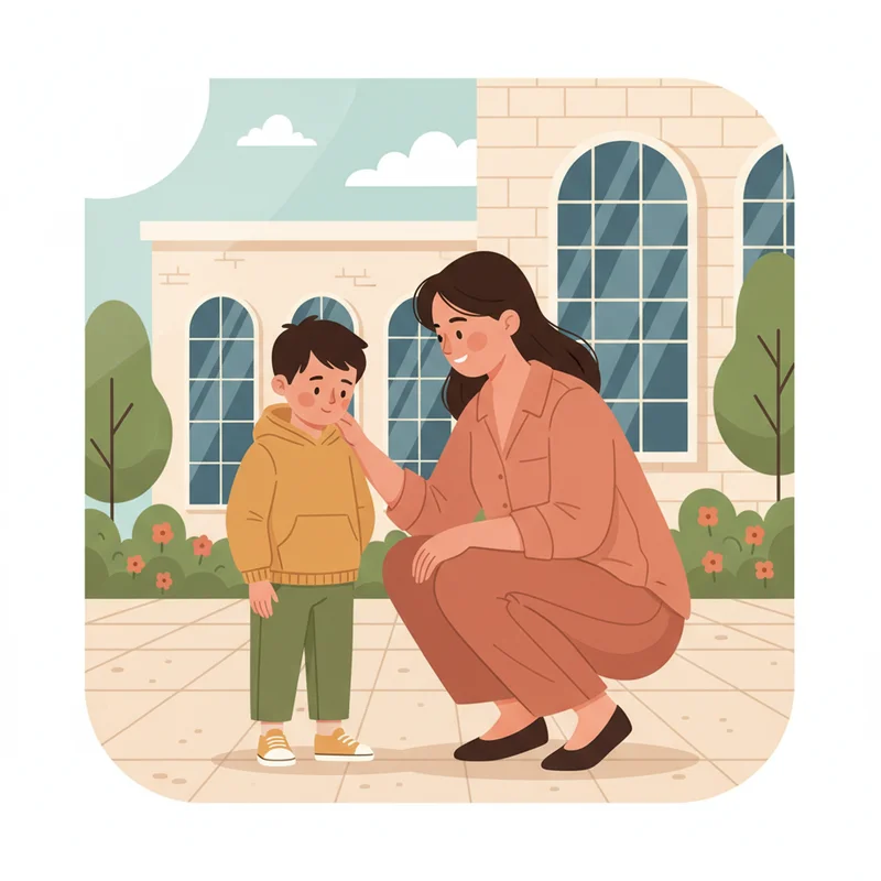 A mother crouching down to eye level with her young son outside a school building on a sunny day, speaking gently to him while he looks at the ground — warm, private moment, natural light, no text or logos.