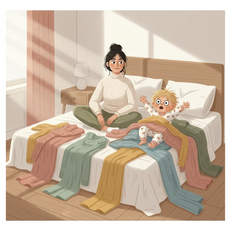 A warm, candid scene of a mother and young child sitting together on a bed surrounded by clothes, the child looking overwhelmed while the mom sits calmly beside them — soft morning light, no product or text visible.