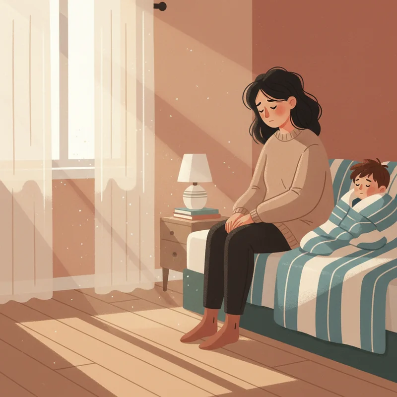A warm, softly lit bedroom scene showing a tired mom gently sitting beside her young son who is still bundled under covers, morning light coming through curtains — a moment of patient connection rather than confrontation.