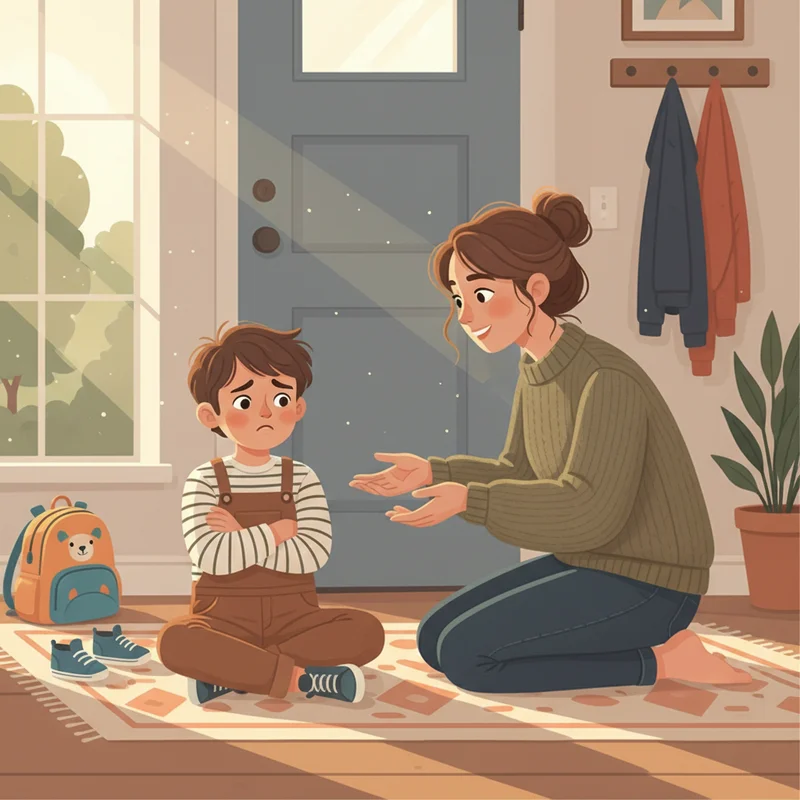 A warm, candid scene of a young child sitting on the floor of an entryway, arms crossed, looking anxious, while a patient mother crouches beside him at eye level — soft afternoon light, no text or logos.