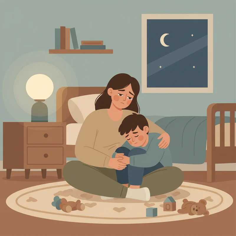 A tired but loving mother sitting cross-legged on a child's bedroom floor at night, arm around her young son who has his head down on his knees, soft lamp light, both looking emotionally drained but connected.