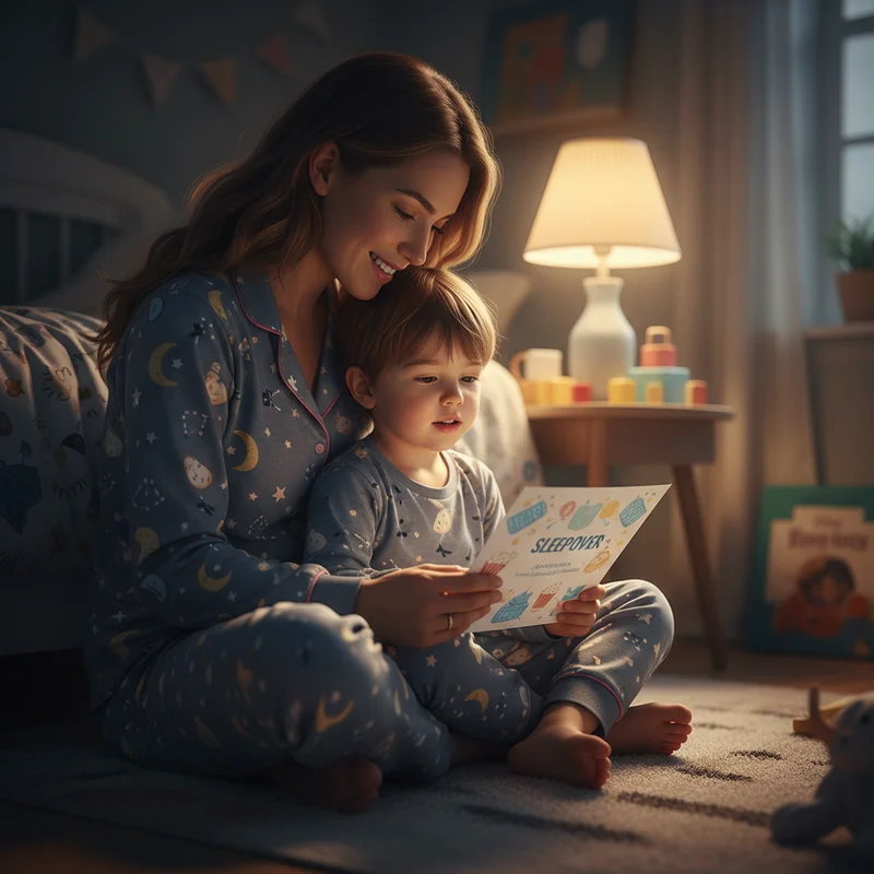 A mother sitting on a child's bedroom floor at night, both of them looking at a colorful sleepover invitation together. Warm lamp light, cozy pajamas, gentle and reassuring mood — no products or text visible.