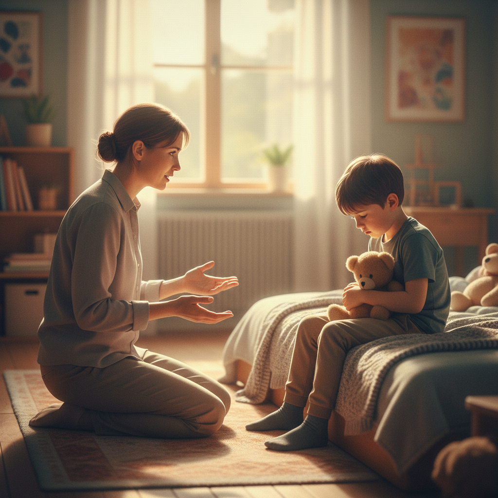 Parent kneeling down at child's eye level in a bedroom, having a calm conversation while child sits on bed looking distressed but not defiant.