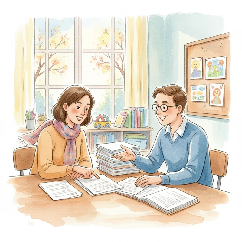 Parent and school administrator sitting at table with documents, having a collaborative discussion in bright classroom setting.