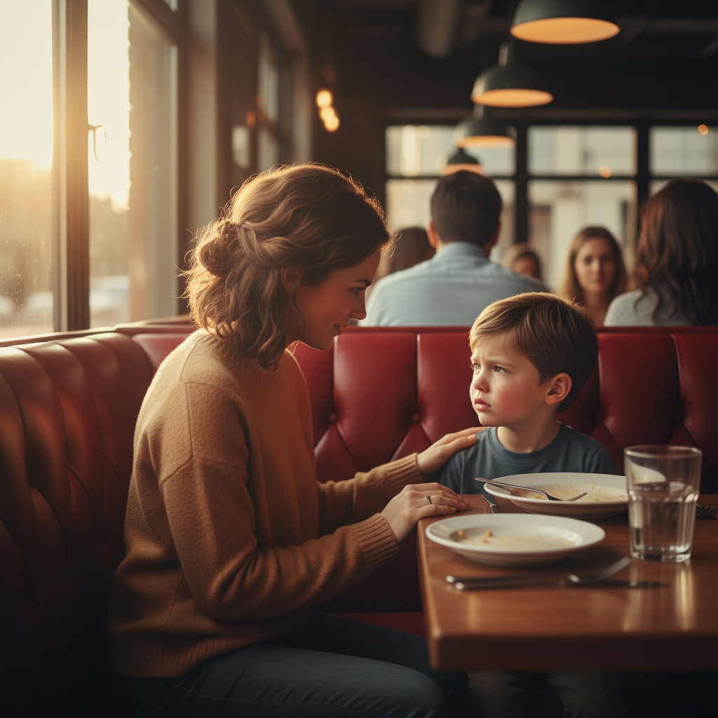 Parent kneeling at child's eye level in a restaurant booth, having a calm conversation while the child looks upset but not melting down, showing understanding and connection rather than conflict.