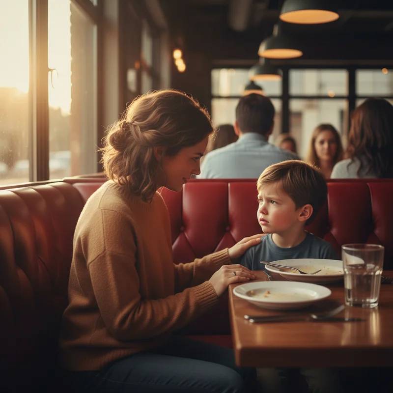 Parent kneeling at child's eye level in a restaurant booth, having a calm conversation while the child looks upset but not melting down, showing understanding and connection rather than conflict.