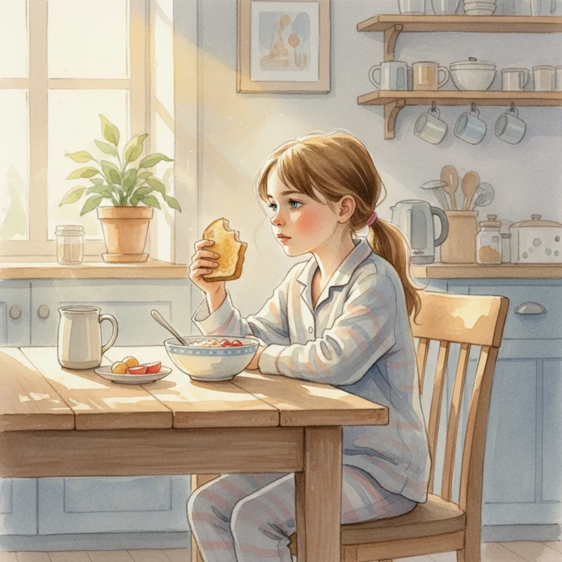 A young girl around age seven sitting at a kitchen table in the morning, looking thoughtfully at her breakfast with a piece of toast in her hand, warm natural light, cozy home kitchen setting, no adults visible, relaxed and quiet mood.