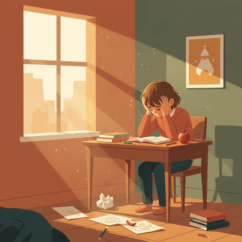 Young child sitting at homework desk looking frustrated and defeated, head in hands with crumpled papers around them, warm evening light from window creating a contemplative mood.