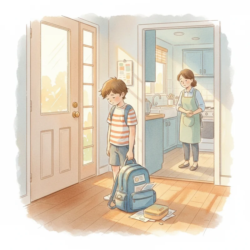 A tired-looking elementary-age child dropping their backpack just inside the front door after school, shoulders slumped, while a parent watches from the kitchen with a gentle, concerned expression. Warm afternoon light. No text or logos.
